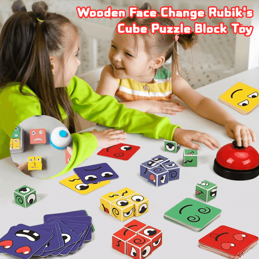 【16 bloques de construcción + 64 cartas + 1 campana】😄 Cubo de Caras Divertidas – Juego de Lógica y Retos para Niños