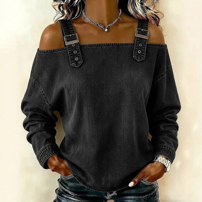 👕【Alta calidad】Blusa femenina estilo denim con cuello V y volantes elegantes para primavera