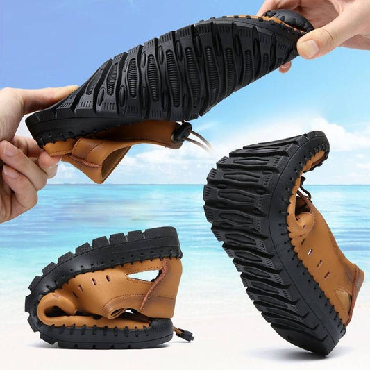 🌟 【39-44】】Sandalias de playa de verano para hombre, de cuero genuino, diseño de punta cerrada, parte superior transpirable.👞✨