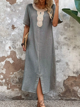 🧚‍♀️👗【Sleva 50 % 🔥】【S-3XL】💖Vestido de verano holgado para mujer con escote redondo, confeccionado en algodón puro y lino, con abertura.
