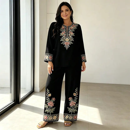Conjunto de verano de dos piezas para mujer, confeccionado en lino: top holgado estampado y pantalón de pierna ancha, elaborados con un tejido suave, transpirable y agradable para la piel.