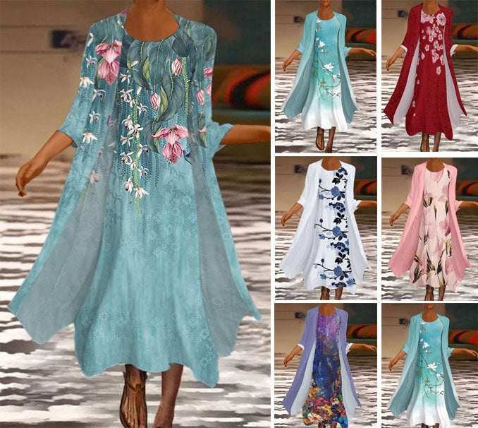 🌻 Descuento -50% 🔥🔥【40-120 kg】Nuevo vestido de mujer con estampado floral, vestido de dos piezas con escote redondo ✅Pago contra entrega ✅2 artículos con 70% de descuento