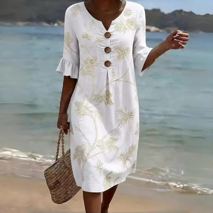【S-3XL】Vestido de mujer estampado de algodón y lino, mangas abullonadas, diseño con botones