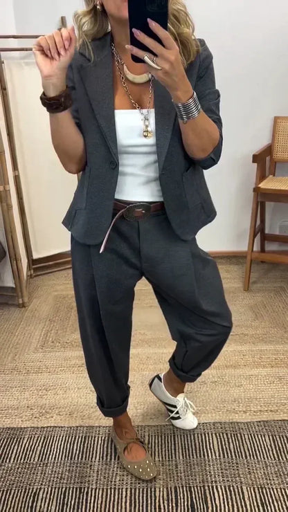 💎 Descuento de tiempo limitado 50% 💎 Conjunto de chaqueta y pantalón con solapa para mujer – Ajuste entallado, tela suave 👖✨【40-100kg】