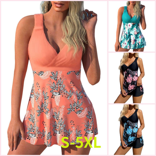 🌴🏖️🌈【50% popusta 🔥】【S-5XL】😍Novi ženski komplet kupaćih kostima s printom, kratke hlače s podijeljenom suknjom s otvorenim leđima i brzo sušećom tkaninom