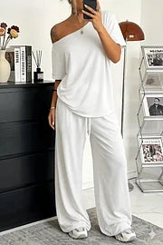 【S-5XL】Conjunto 2026: Camiseta elegante de manga corta con hombros descubiertos + Pantalones holgados con cordón y zapatos anchos 😍 ¡Imprescindible para el verano!