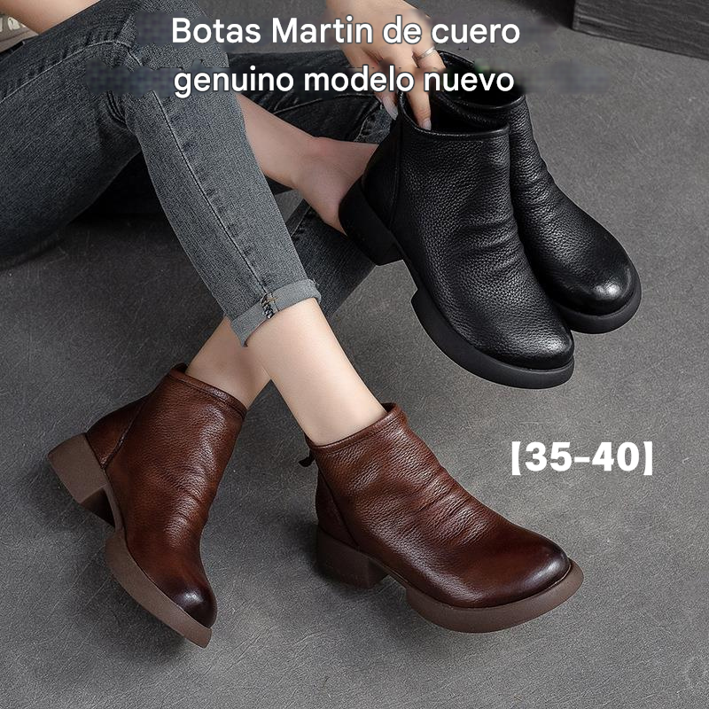 【35-40】Nuevas botas de piel de otoño/invierno con suela suave y diseño de tacón grueso