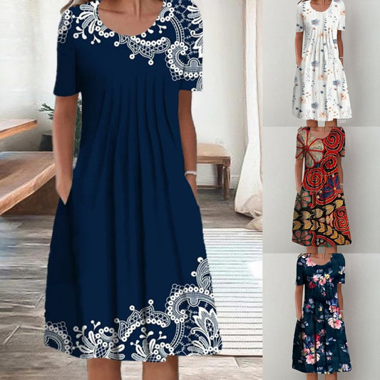 【50% de descuento】【Tallas S-5XL】🌺🌺 Vestido moderno con escote redondo y estampado