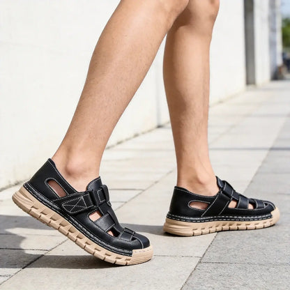 【39-45】👞Sandalias casuales antideslizantes de cuero genuino transpirables con diseño calado para hombre, colección verano 2026