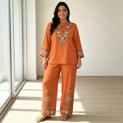 Conjunto de verano de dos piezas para mujer, confeccionado en lino: top holgado estampado y pantalón de pierna ancha, elaborados con un tejido suave, transpirable y agradable para la piel.