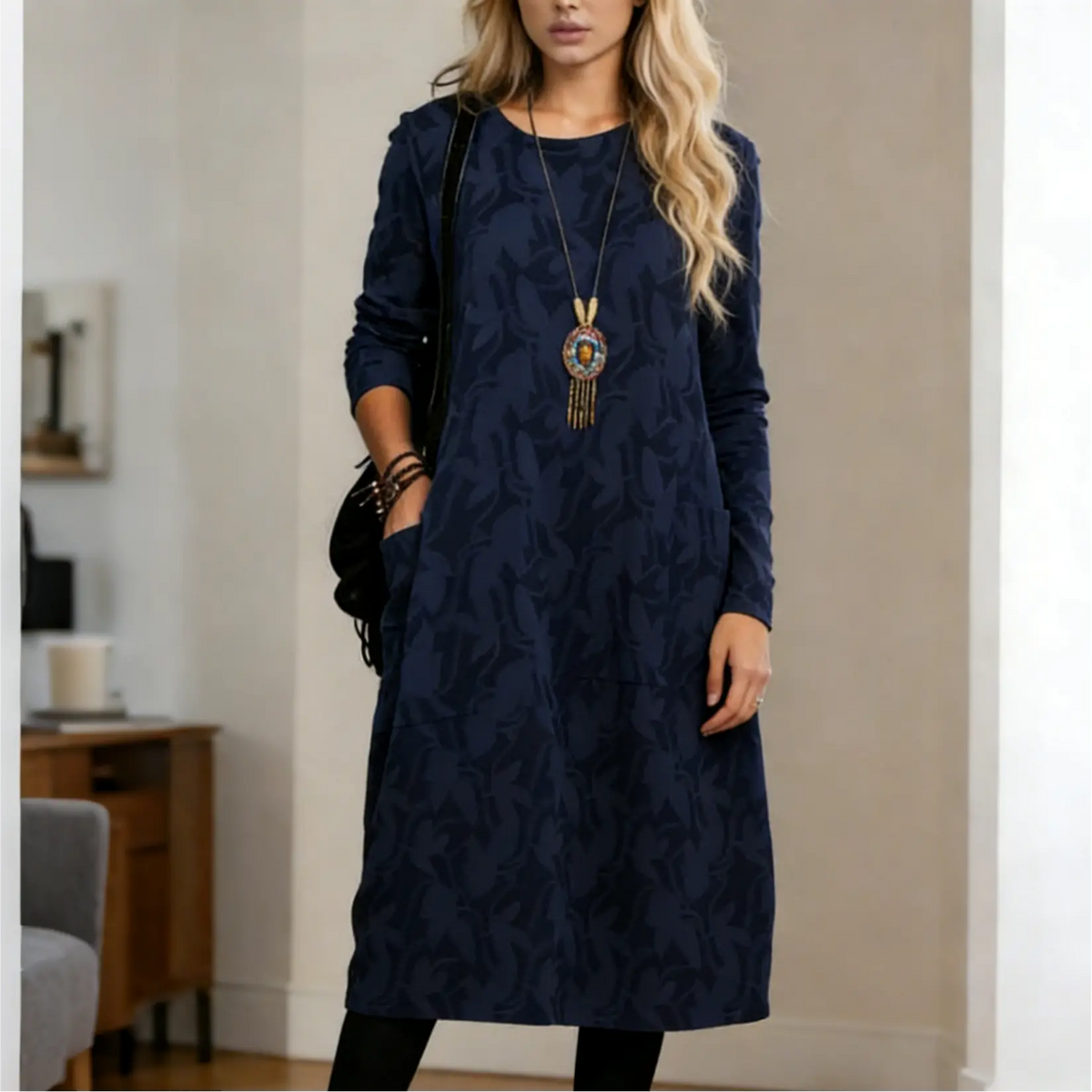 【S-3XL】Vestido de invierno con cuello redondo y bolsillos estampados 2026