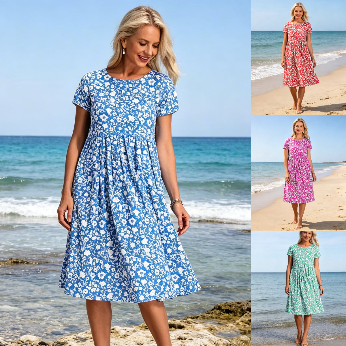 💕💕【Oferta por tiempo limitado】【S-3XL】Nuevo vestido de verano estampado de manga corta y cuello redondo. Pago contra entrega disponible