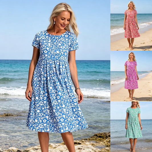 💕💕【Oferta por tiempo limitado】【S-3XL】Nuevo vestido de verano estampado de manga corta y cuello redondo. Pago contra entrega disponible