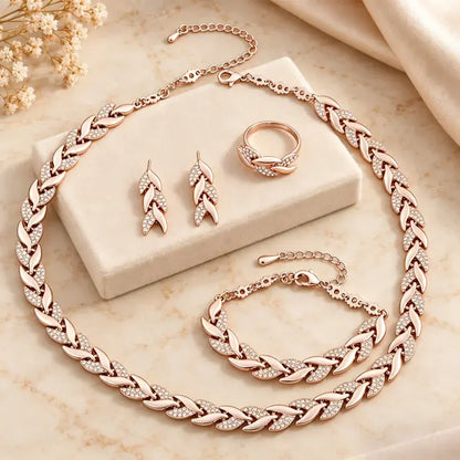 ✨💎 Set de Joyas de 4 Piezas para Mujer | Collar, Pulsera, Anillo y Pendientes con Diseño de Hojas y Circonitas