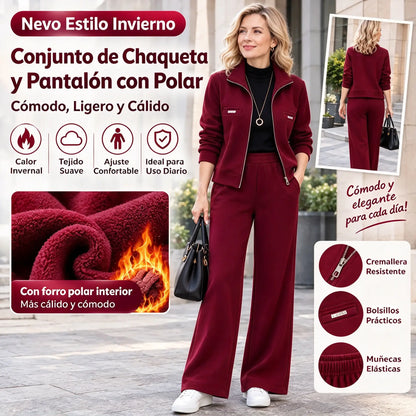 【M-4XL】💖Nuevo conjunto de dos piezas para mujer: chaqueta corta con pantalones de pierna ancha; traje deportivo informal con forro polar grueso.