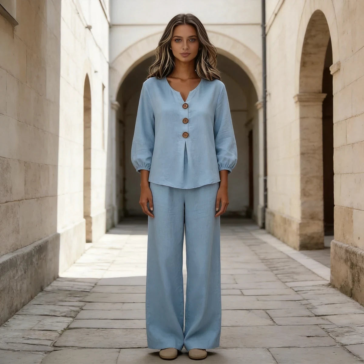 【Oferta limitada al 50%】Nuevo conjunto de mujer de dos piezas: blusa y pantalón con volantes, botones y escote en V