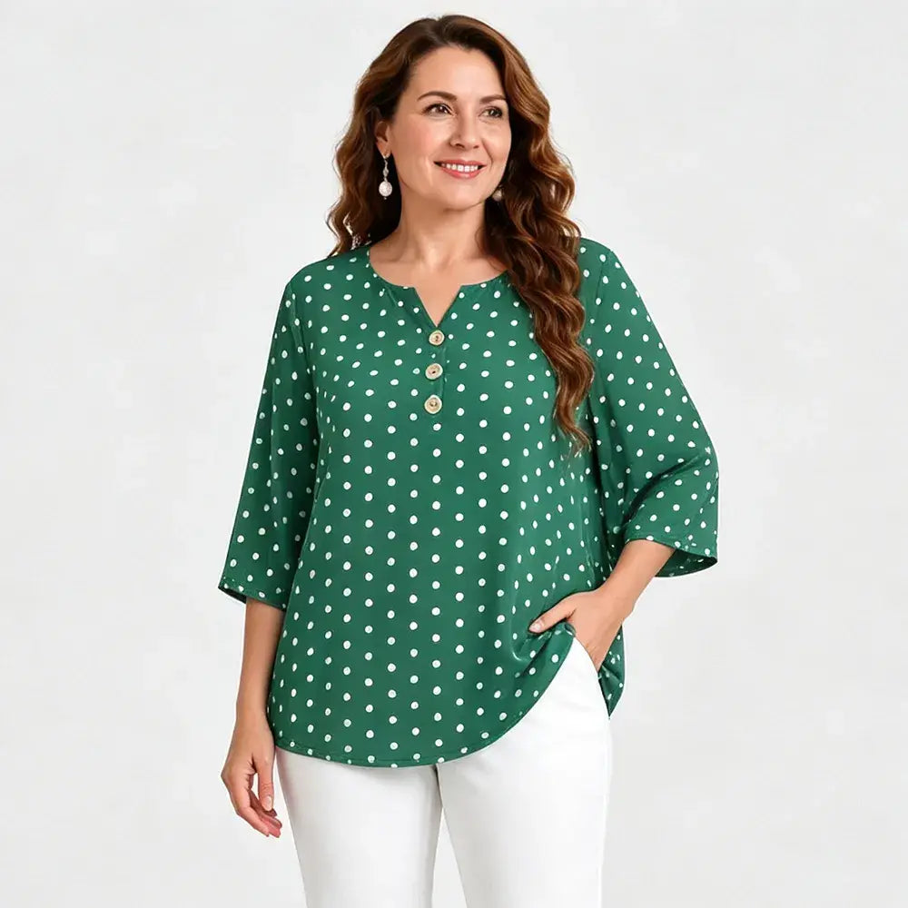 Blusa estampada de cuello en V y talla grande: corte holgado, manga corta y diseño floral; una blusa ligera para mujer con efecto reductor en la cintura.