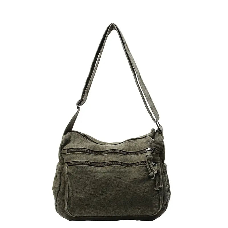 👜✨Bolso bandolera de lona desgastada de gran capacidad: diseño con múltiples compartimentos con cremallera y correa ancha ajustable para el hombro.