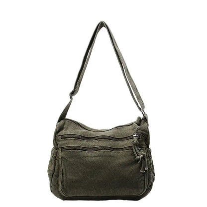 👜✨Bolso bandolera de lona desgastada de gran capacidad: diseño con múltiples compartimentos con cremallera y correa ancha ajustable para el hombro.