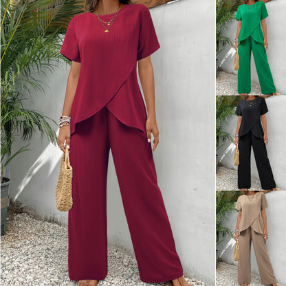 👗 Conjunto para mujer (Tallas S–3XL) – corte casual, manga corta, cuello redondo, diseño asimétrico (top + pantalón)