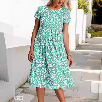 💕💕【Oferta por tiempo limitado】【S-3XL】Nuevo vestido de verano estampado de manga corta y cuello redondo. Pago contra entrega disponible
