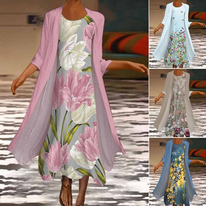 🌻 Descuento -50% 🔥🔥【40-120 kg】Nuevo vestido de mujer con estampado floral, vestido de dos piezas con escote redondo ✅Pago contra entrega ✅2 artículos con 70% de descuento