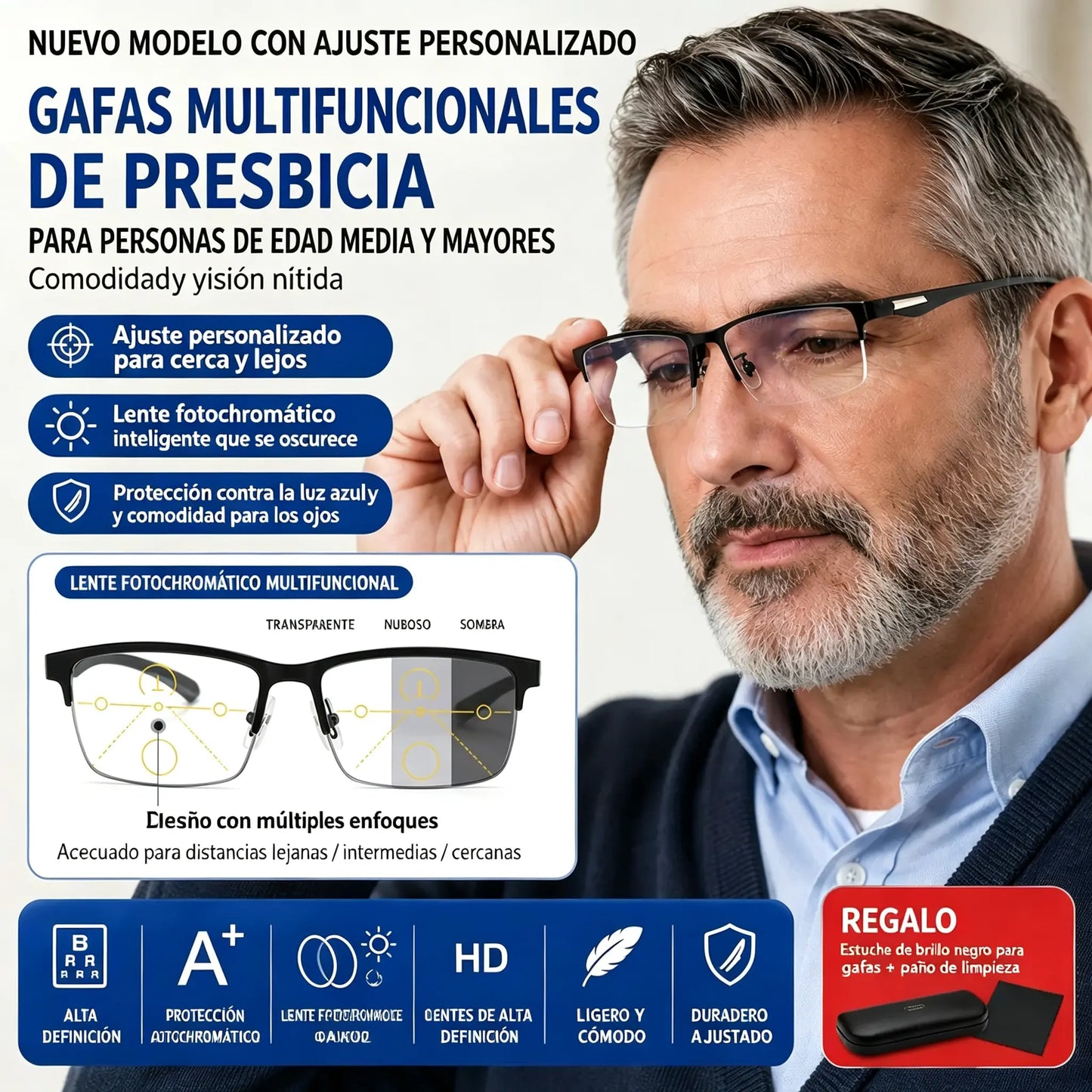 Nuevas gafas de lectura semial-aire para adultos de mediana y avanzada edad, que combinan características de enfoque variable, multifocalidad, fotocromía y protección contra la luz azul.