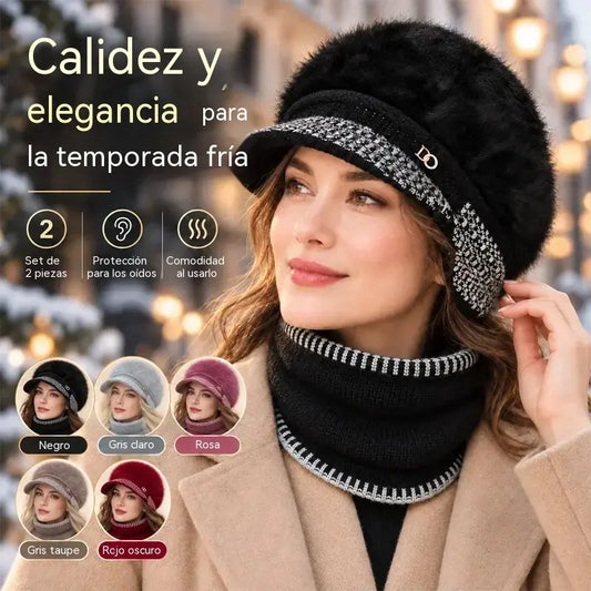❄️Elegante conjunto de invierno de dos piezas: gorra de béisbol con mezcla de pelo de conejo y orejeras + bufanda de punto.