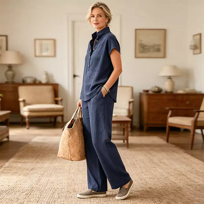 ✨Conjunto de lino y algodón para mujer: blusa de manga corta y pantalón de pierna ancha, estilo veraniego casual y elegante.