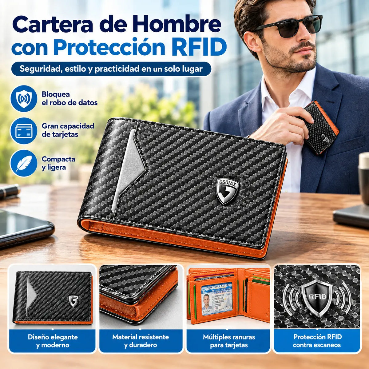 Cartera delgada para hombre con bloqueo RFID