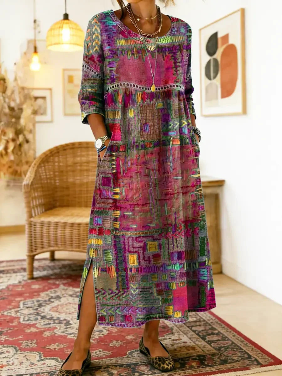 ✨ Zadnji dan, 50 % popust! 【S-5XL】Retro poletna obleka s potiskom okroglega izrezka - lahka in zračna, z močnim padcem, enostavna za ujemanje.
