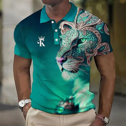 🔥【50% de descuento】【S-6XL】Polo para hombre con estampado de león en 3D