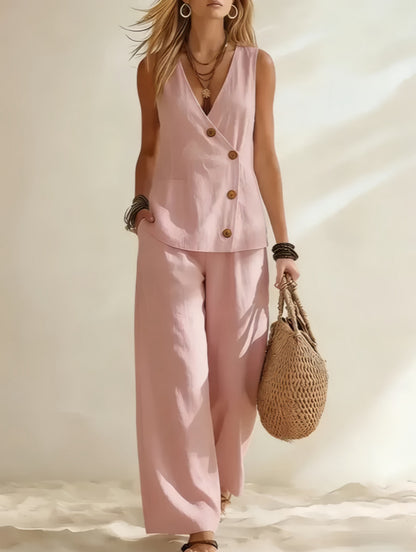 👗【Chaleco abotonado + pantalón】Conjunto elegante e informal de dos piezas en color liso-Pago contra entrega
