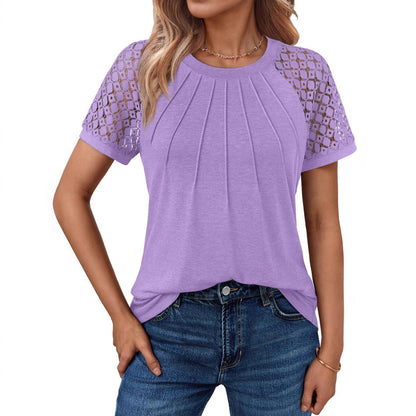 👚【Új termék különleges ajánlat】【S-2XL】2026 Új Női Rövid Ujjú Kerek Nyakú Csipkés Póló