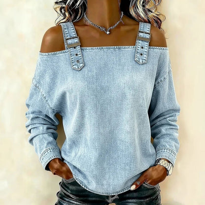 👕【Alta calidad】Blusa femenina estilo denim con cuello V y volantes elegantes para primavera