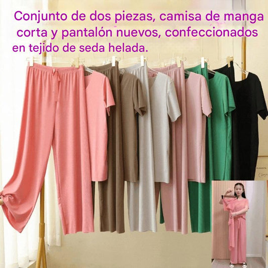❤️【M-4XL】Top de manga corta de seda suave + pantalones de pierna ancha❤️ Conjunto de dos piezas