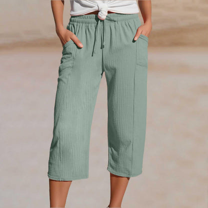 🌸【S-3XL】Dámské jednobarevné skládané zkrácené kalhoty z bavlny a lnu