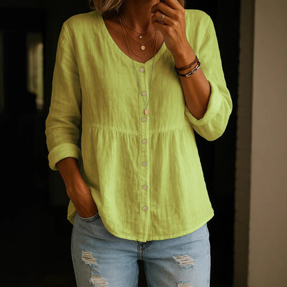 【S-3XL】Camisa de mujer de mezcla de lino y algodón con cuello en V