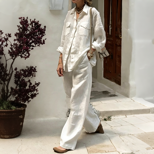 ✨😍【Camisa + Pantalón】(40-120 kg) Conjunto de dos piezas para mujer, corte holgado, algodón y lino, tejido transpirable ✅️Pago contra entrega ✅️2 artículos con 70% de descuento