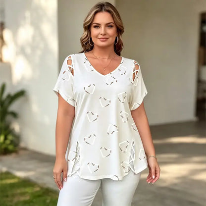 👚【S-5XL】Camiseta de moda con cuello en V y abertura en forma de corazón