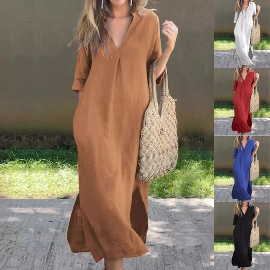 🌿💃 50% de descuento 🔥【40-100 kg】Vestido largo de lino para verano, escote en V, abertura lateral, cómodo ✅️Pago contra entrega