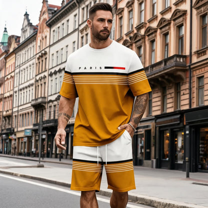 【S–5XL】Pánská ležérní a pohodlná sada trička s krátkým rukávem a šortek s potiskem písmen.
