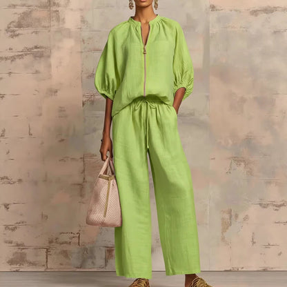 🛒【S-4XL】Traje casual para mujer, pantalón de pierna ancha combinado con blusa de cuello redondo con cremallera