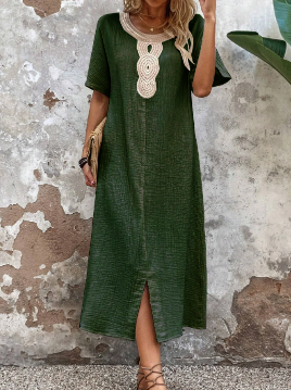 🧚‍♀️👗【Sleva 50 % 🔥】【S-3XL】💖Vestido de verano holgado para mujer con escote redondo, confeccionado en algodón puro y lino, con abertura.