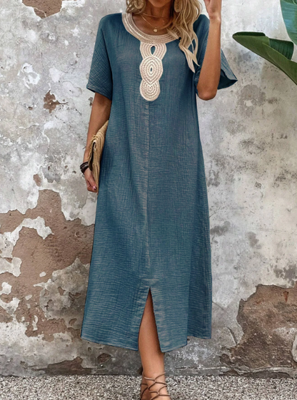 🧚‍♀️👗【Sleva 50 % 🔥】【S-3XL】💖Vestido de verano holgado para mujer con escote redondo, confeccionado en algodón puro y lino, con abertura.