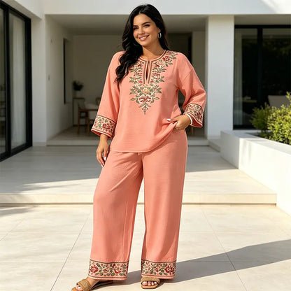 Conjunto de verano de dos piezas para mujer, confeccionado en lino: top holgado estampado y pantalón de pierna ancha, elaborados con un tejido suave, transpirable y agradable para la piel.