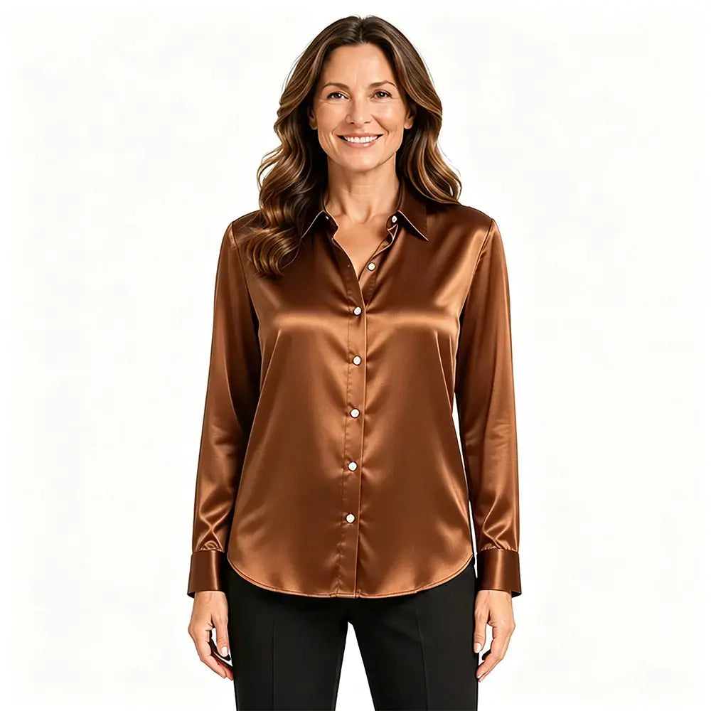 👚Blusa de satén de manga larga para mujer - Camisa de trabajo de talla grande de corte holgado - Ligera y elegante