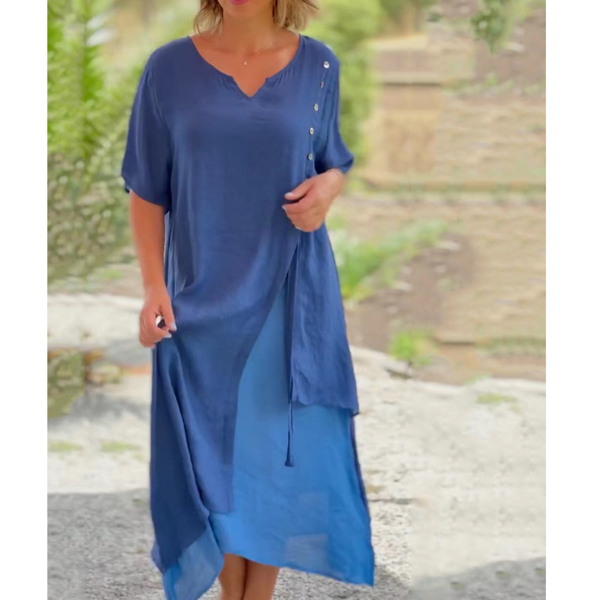 【S-4XL】🌸👗Nuevo vestido asimétrico de dos piezas con escote en V