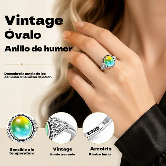 💞💍Anillo ovalado de estilo vintage con función de cambio de color sensible a la temperatura, adornado con detalles en forma de corazón.