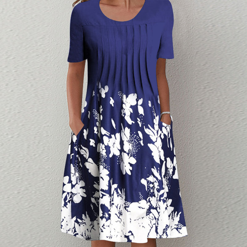 👗【40-120KG】Vestido de moda de verano con cuello redondo y estampado, transpirable, cómodo y que estiliza la figura.